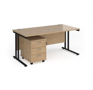 Maestro 25 straight desk 1600mm x 800mm with black cantilever frame and 3 drawer pedestal - Kendal Oak