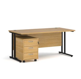 Maestro 25 straight desk 1600mm x 800mm with black cantilever frame and 3 drawer pedestal - oak