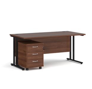 Maestro 25 straight desk 1600mm x 800mm with black cantilever frame and 3 drawer pedestal - walnut