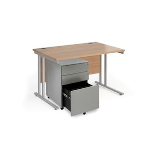 Maestro 25 bundle straight 1200 desk, silver leg frame and silver steel ped - Beech
