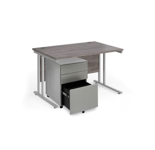 Maestro 25 bundle straight 1200 desk, silver leg frame and silver steel ped - Grey Oak