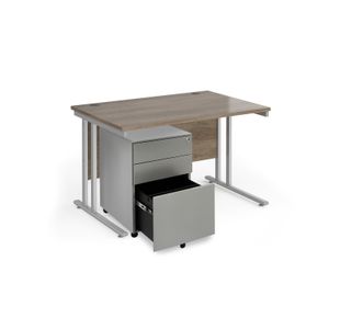 Maestro 25 bundle straight 1200 desk, silver leg frame and silver steel ped - Nebraska Oak
