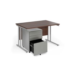 Maestro 25 bundle straight 1200 desk, silver leg frame and silver steel ped - Oak