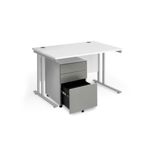 Maestro 25 bundle straight 1200 desk, silver leg frame and silver steel ped - White