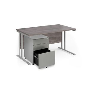 Maestro 25 bundle straight 1400 desk, silver leg frame and silver steel ped - Grey Oak