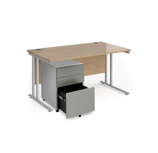 Maestro 25 bundle straight 1400 desk, silver leg frame and silver steel ped - Kendal Oak