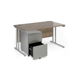 Maestro 25 bundle straight 1400 desk, silver leg frame and silver steel ped - Nebraska Oak