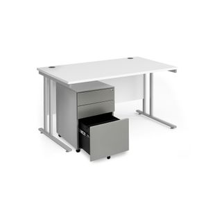 Maestro 25 bundle straight 1400 desk, silver leg frame and silver steel ped - White