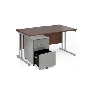 Maestro 25 bundle straight 1400 desk, silver leg frame and silver steel ped - Walnut
