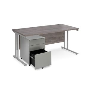 Maestro 25 bundle straight 1600 desk, silver leg frame and silver steel ped - Grey Oak