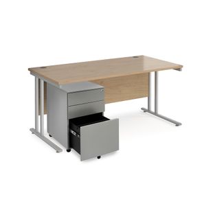 Maestro 25 bundle straight 1600 desk, silver leg frame and silver steel ped - Kendal Oak