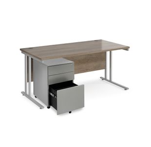 Maestro 25 bundle straight 1600 desk, silver leg frame and silver steel ped - Nebraska Oak