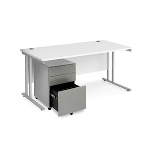 Maestro 25 bundle straight 1600 desk, silver leg frame and silver steel ped - White