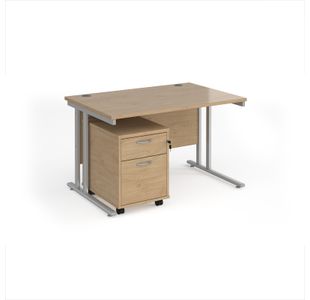 Maestro 25 straight desk 1200mm x 800mm with silver cantilever frame and 2 drawer pedestal - Kendal Oak