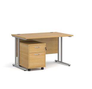 Maestro 25 straight desk 1200mm x 800mm with silver cantilever frame and 2 drawer pedestal - oak