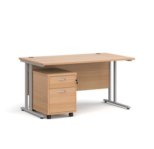 Maestro 25 straight desk 1400mm x 800mm with silver cantilever frame and 2 drawer pedestal - beech