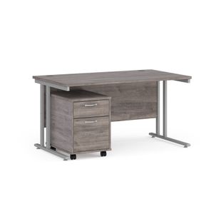 Maestro 25 straight desk 1400mm x 800mm with silver cantilever frame and 2 drawer pedestal - grey oak