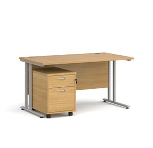 Maestro 25 straight desk 1400mm x 800mm with silver cantilever frame and 2 drawer pedestal - oak
