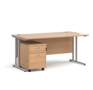 Maestro 25 straight desk 1600mm x 800mm with silver cantilever frame and 2 drawer pedestal - beech