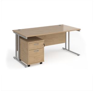 Maestro 25 straight desk 1600mm x 800mm with silver cantilever frame and 2 drawer pedestal - Kendal Oak