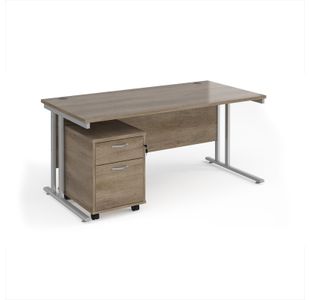 Maestro 25 straight desk 1600mm x 800mm with silver cantilever frame and 2 drawer pedestal - Nebraska Oak