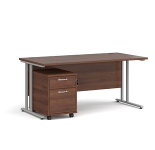 Maestro 25 straight desk 1600mm x 800mm with silver cantilever frame and 2 drawer pedestal - walnut
