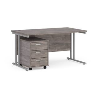 Maestro 25 straight desk 1400mm x 800mm with silver cantilever frame and 3 drawer pedestal - grey oak