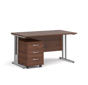 Maestro 25 straight desk 1400mm x 800mm with silver cantilever frame and 3 drawer pedestal - walnut
