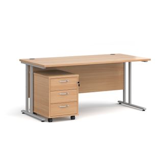 Maestro 25 straight desk 1600mm x 800mm with silver cantilever frame and 3 drawer pedestal - beech