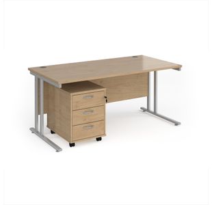Maestro 25 straight desk 1600mm x 800mm with silver cantilever frame and 3 drawer pedestal - Kendal Oak