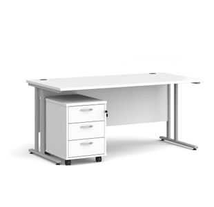 Maestro 25 straight desk 1600mm x 800mm with silver cantilever frame and 3 drawer pedestal - white
