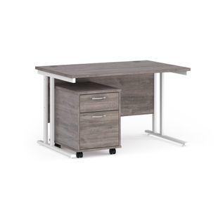 Maestro 25 straight desk 1200mm x 800mm with white cantilever frame and 2 drawer pedestal - grey oak