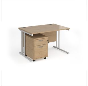 Maestro 25 straight desk 1200mm x 800mm with white cantilever frame and 2 drawer pedestal - Kendal Oak