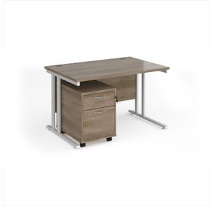 Maestro 25 straight desk 1200mm x 800mm with white cantilever frame and 2 drawer pedestal - Nebraska Oak