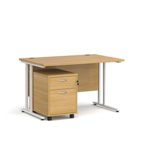 Maestro 25 straight desk 1200mm x 800mm with white cantilever frame and 2 drawer pedestal - oak