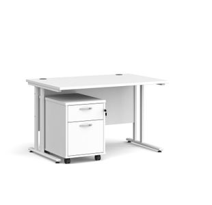 Maestro 25 straight desk 1200mm x 800mm with white cantilever frame and 2 drawer pedestal - white