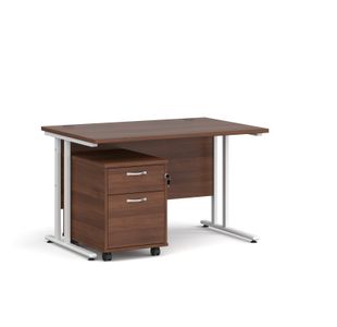 Maestro 25 straight desk 1200mm x 800mm with white cantilever frame and 2 drawer pedestal - walnut