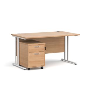 Maestro 25 straight desk 1400mm x 800mm with white cantilever frame and 2 drawer pedestal - beech