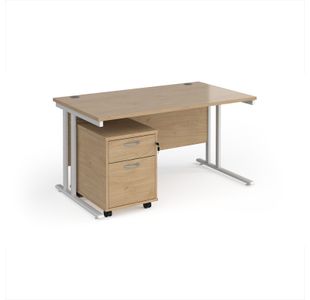 Maestro 25 straight desk 1400mm x 800mm with white cantilever frame and 2 drawer pedestal - Kendal Oak