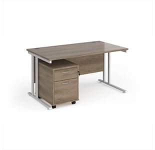 Maestro 25 straight desk 1400mm x 800mm with white cantilever frame and 2 drawer pedestal - Nebraska Oak