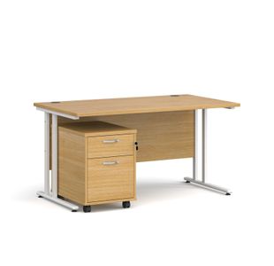 Maestro 25 straight desk 1400mm x 800mm with white cantilever frame and 2 drawer pedestal - oak