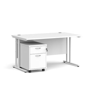 Maestro 25 straight desk 1400mm x 800mm with white cantilever frame and 2 drawer pedestal - white