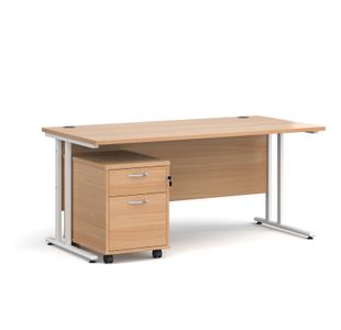 Maestro 25 straight desk 1600mm x 800mm with white cantilever frame and 2 drawer pedestal - beech