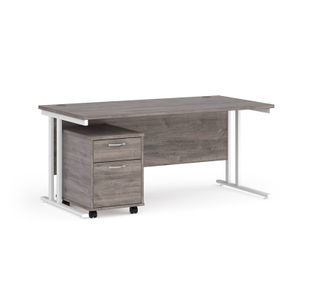 Maestro 25 straight desk 1600mm x 800mm with white cantilever frame and 2 drawer pedestal - grey oak