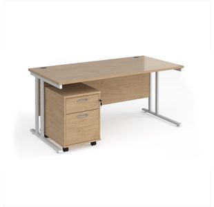 Maestro 25 straight desk 1600mm x 800mm with white cantilever frame and 2 drawer pedestal - Kendal Oak
