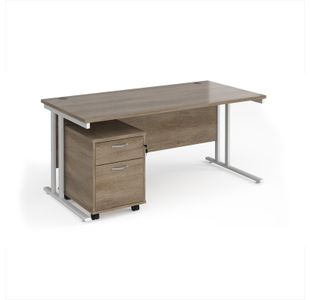 Maestro 25 straight desk 1600mm x 800mm with white cantilever frame and 2 drawer pedestal - Nebraska Oak
