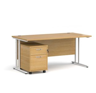 Maestro 25 straight desk 1600mm x 800mm with white cantilever frame and 2 drawer pedestal - oak
