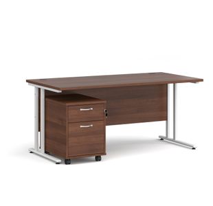 Maestro 25 straight desk 1600mm x 800mm with white cantilever frame and 2 drawer pedestal - walnut