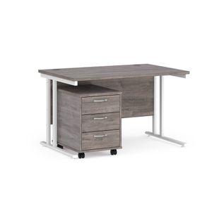 Maestro 25 straight desk 1200mm x 800mm with white cantilever frame and 3 drawer pedestal - grey oak
