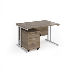 Maestro 25 straight desk 1200mm x 800mm with white cantilever frame and 3 drawer pedestal - Nebraska Oak